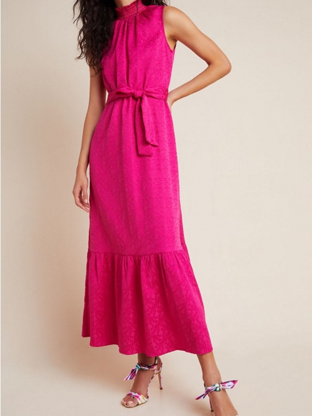 Anthropologie Fuchsia Sleeveless Tie-Waist Maxi Dress